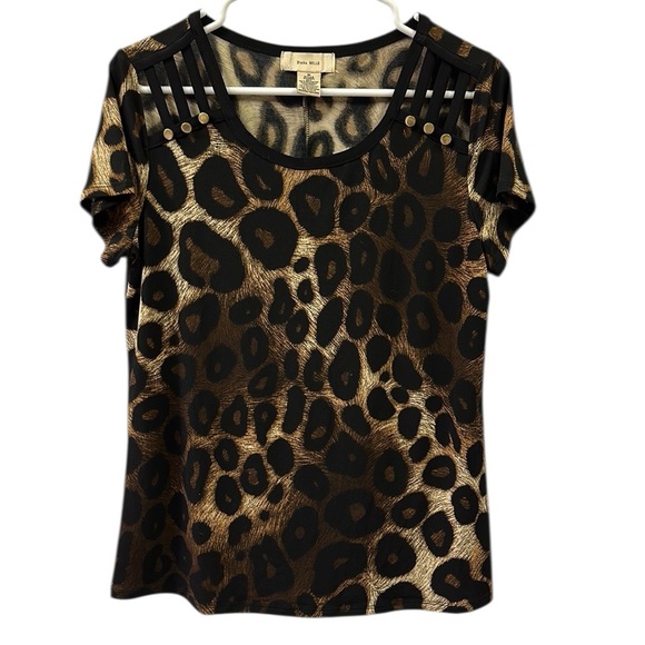 Diana Belle Leopard Animal Print Short Sleeve Accent Shoulder Blouse Top Medium - Picture 7 of 10